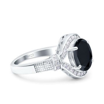 Oval Art Deco Wedding Ring Accent Vintage Simulated Black CZ 925 Sterling Silver